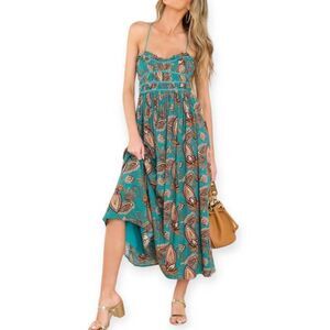 MILLIBON RED DRESS BOUTIQUE Timeless Moments Turquoise Blue Floral Print Midi Dr